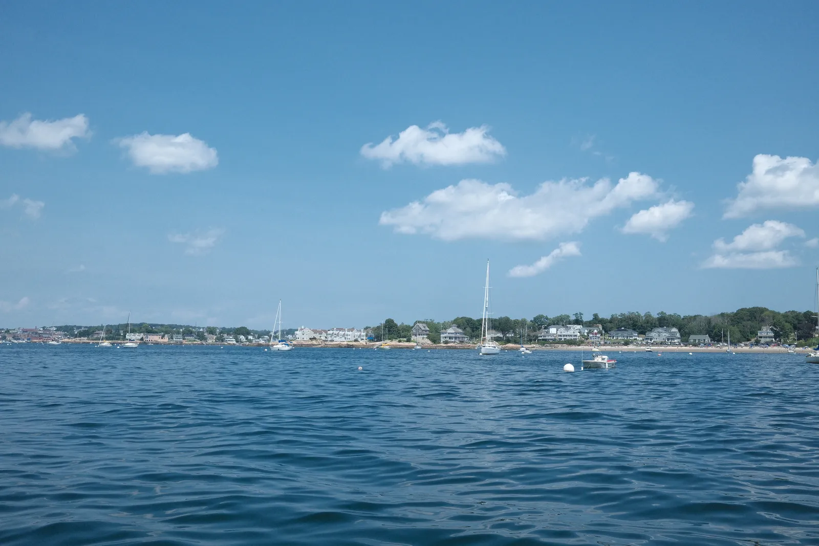 Boats moored in a harbor on a summer day
