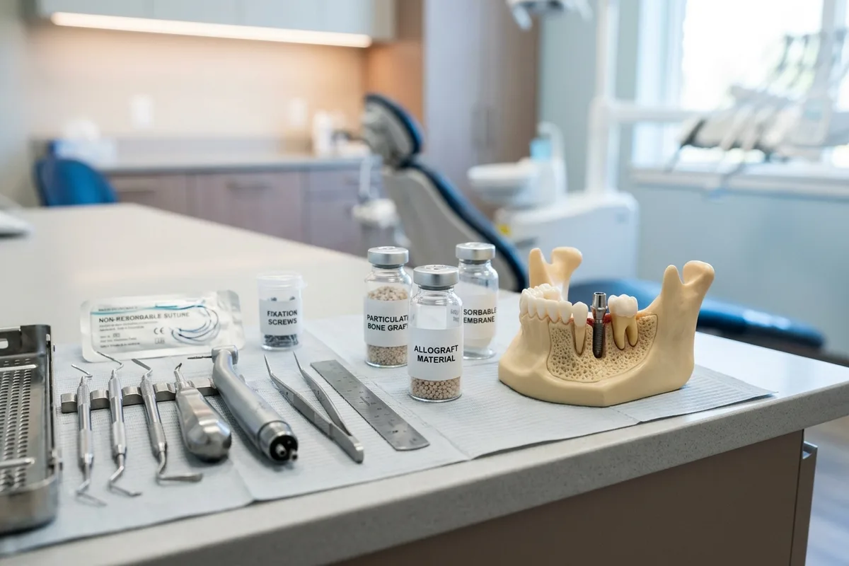 modelo dental de injerto óseo y materiales en un entorno clínico luminoso