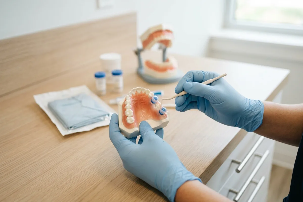 modelo dental y materiales para injerto óseo en un entorno clínico luminoso