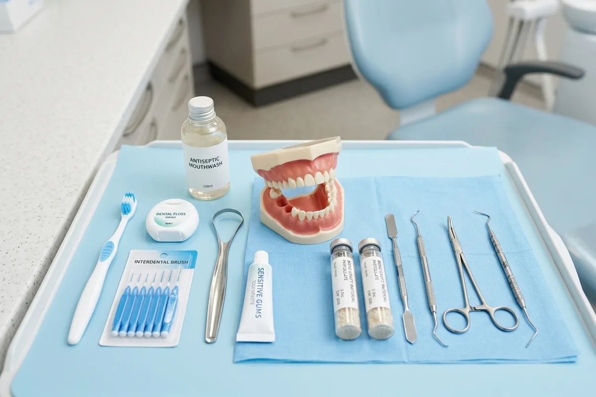 modelo dental y materiales de injerto óseo en un entorno clínico luminoso